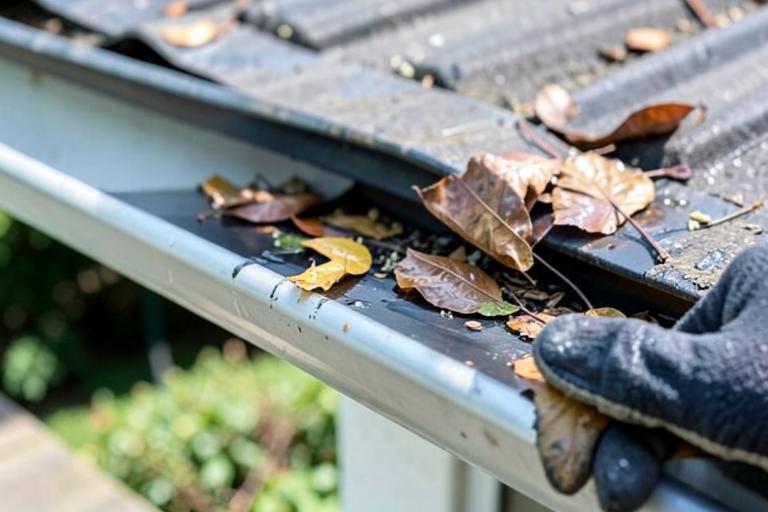 Illustration of leaves being cleared by hand from a house gutter