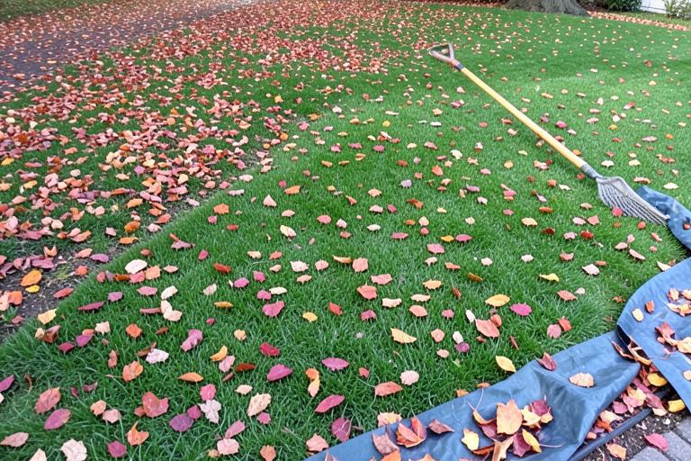 Illustration of an autumn lawn half cleared of fallen leaves, with a rake and tarp