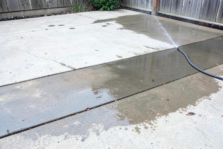 Illustration of a concrete patio being pressure washed, with a clean strip beside the dirty surface