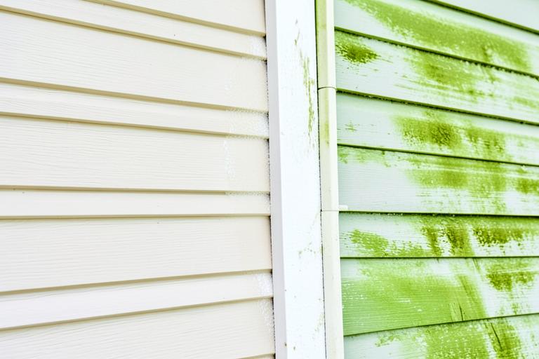 Illustration of house siding half cleaned by soft washing beside algae-streaked siding