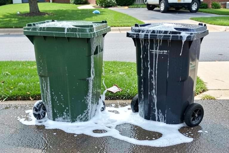 Illustration of two wheelie bins being washed with suds at the kerb